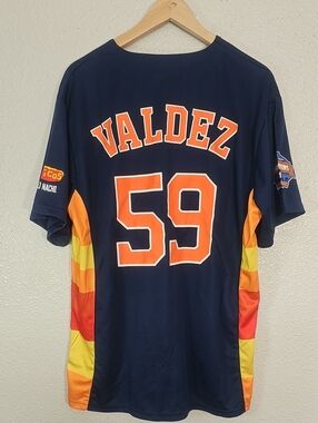 Houston Astros Framber Valdez Navy and Orange Baseball Jersey.